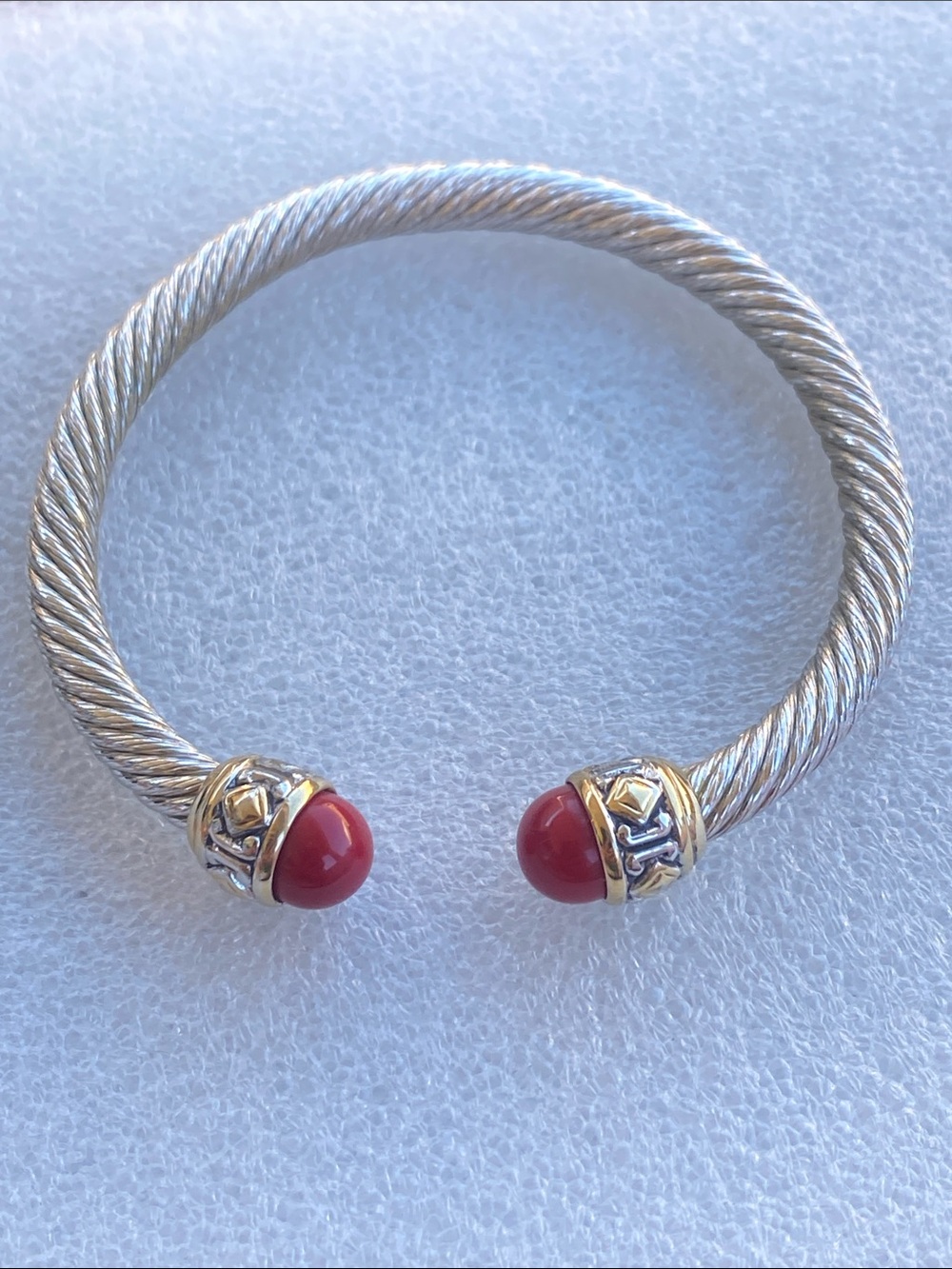 John Mederios Silver-Tone Cable Cuff Bracelet with Red Cabochon Ends